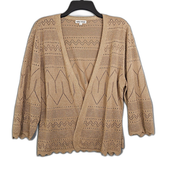 Kathy Ireland Gold Knit Cardigan Size Large Scalloped Hem 3/4 Sleeve - Picture 6 of 7